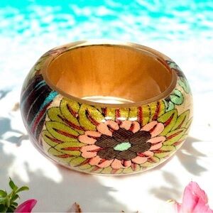 Floral Fabric Inlay Resin Bangle Bracelet Chunky Botanical Statement Jewelry